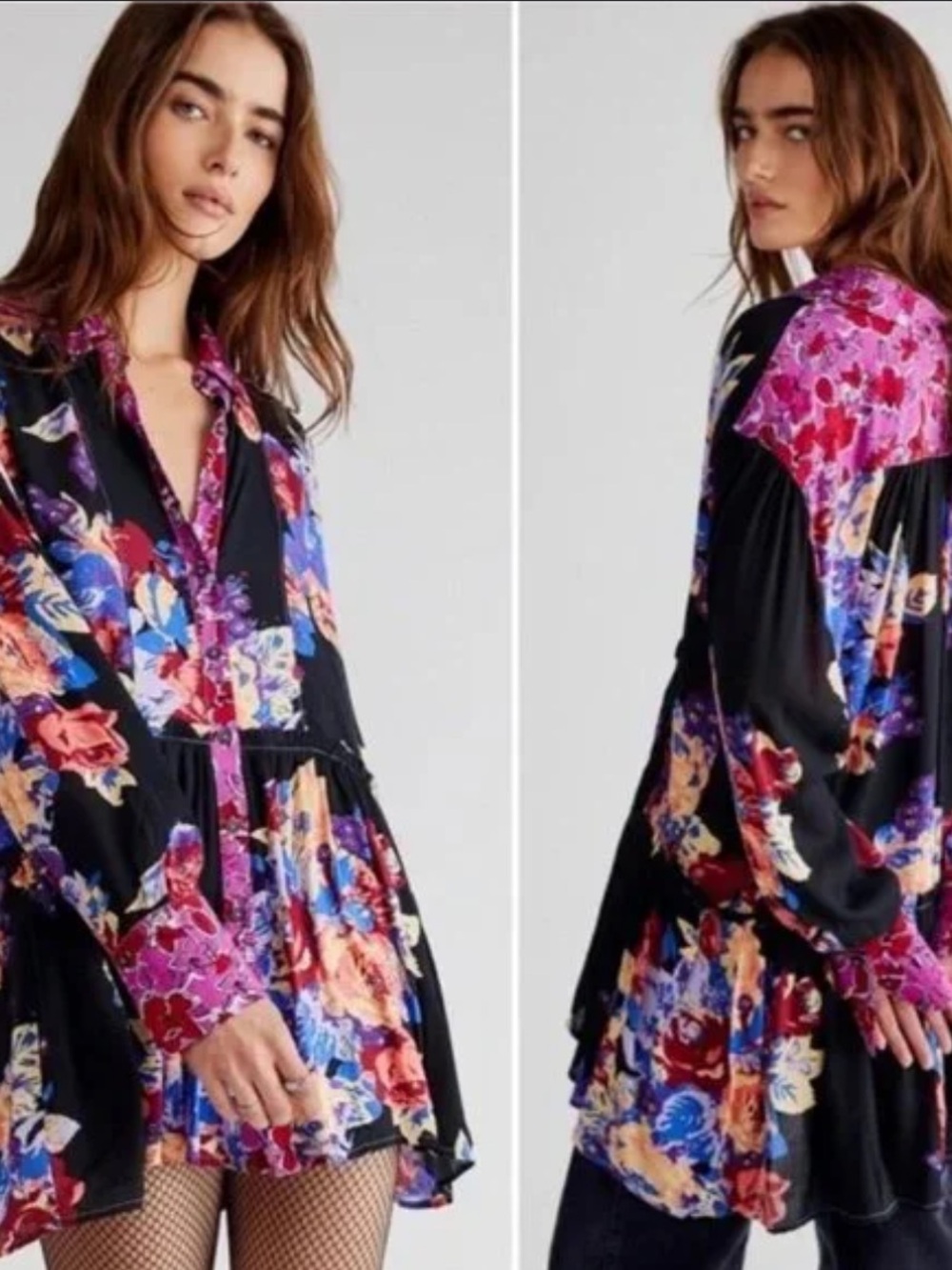 Free People “Brunch A Bunch" Tunic Shirt Mini Dress Floral Patchwork Boho M